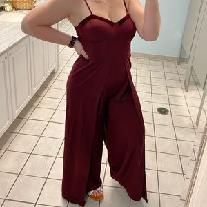 Maroon Jumpsuit with Velvet Trimmed sweetheart neckline